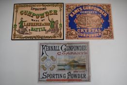 Three modern gunpowder shop display or advertising boards Sporting Powder Made By Laurence & Son