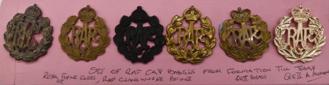 Six Royal Air Force badges including Royal Flying Corps and an Economy example