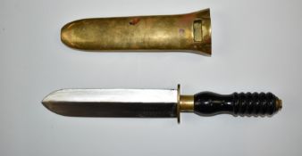 Diver's knife push in type with spring grip and bakelite handle, Siebe German to 19cm double edged