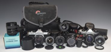 Pentax 35mm SLR cameras and lenses comprising MG with 1:2 50mm lens, K1000 withb 1:2 50mm lens, MV