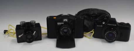 Three miniature cameras comprising Camoject, Brentwood Essex, Pentax auto110 and Minox 35GT