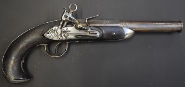 Spanish flintlock pistol with ornately engraved lock, hammer, trigger guard, grip strap and top