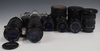 Canon AV1 35mm SLR camera with Miranda 75-300mm 1:4.5-5.6, Mitakon 1:3.9 f=80-205mm, Sigma 1:2.8 f=