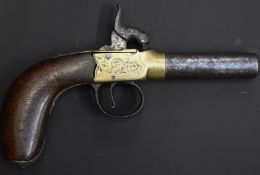 Percussion hammer action pocket pistol with engraved brass lock, engraved white metal butt cap,