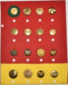 Sixteen vintage hunt/hunting buttons mounted on a felt covered display board, comprising Heythrop,