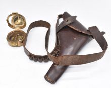 Leather revolver or pistol holster with cartridge belt, 31cm long together with a brass military