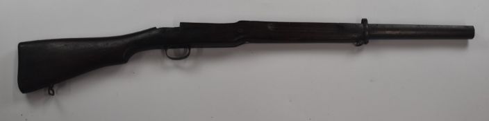 Enfield P14 bolt-action rifle stock stamped 'SW-SM 332' with trigger guard, sling mounts and storage