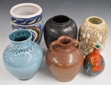 Six studio / art pottery vases including Lancastrian, Poole, Villeroy and Boch etc, tallest 28cm