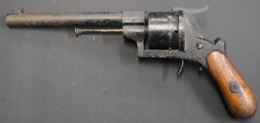 Unnamed 9mm six-shot double action pinfire revolver with shaped wooden grips and 5.75 inch rifled
