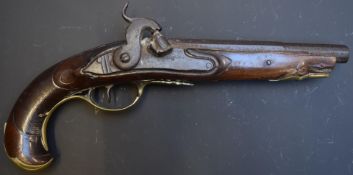 French style percussion hammer action pistol with chequered bird head grip, brass trigger guard,