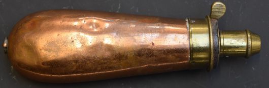 James Dixon & Sons Colt style copper and brass bag shaped powder flask with belt loop, 18cm long.