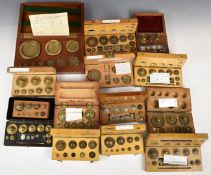 Fourteen various cased sets of weights, mainly gram examples but including a GPO test set and