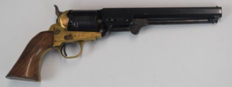 Italian .36 six-shot single-action revolver with brass frame and trigger guard, shaped wooden