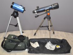 Celestron Astromaster 102 and Sky-Watcher telescopes, with tripods, carry bags, eyepieces etc