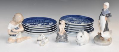 Royal Copenhagen figures including mice, girl with doll, faun/Pan riding a turtle and nine late 80/