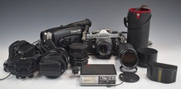 Pentax KM SLR camera with 1:1.4 50mm and 1:4 200mm lenses, JVC compact VHS recorder etc