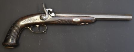 Belgian percussion hammer action target pistol with engraved lock, hammer, trigger guard and mounts,