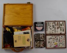 Fly tying vice, accessories and two boxes of trout fishing flies