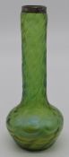 Loetz iridescent green glass vase with hallmarked silver mount, H19cm