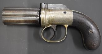 Unnamed 7mm six-shot pinfire bar hammer action pepperbox revolver with all over engraved scrolling