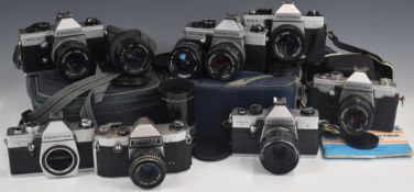 Practica 35mm SLR cameras comrpising two MTL 50, one with Pentacon 1.8/50 and 2.8/135 and Clubman