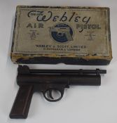 Webley Mark 1 .22 air pistol with monogrammed wooden grips, serial number 14450, in original box
