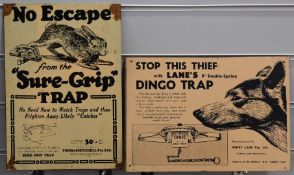 Two metal signs Sure Grip Rabbit Trap and Lane's Dingo Trap, L33 x W23cm