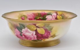Royal Worcester pedestal bowl hand decorated with roses and signed Spilsbury, H9 x D23cm