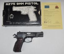Deactivated Norinco NZ75 9mm semi-automatic pistol with wooden grips, serial number 404618, in