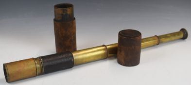 19thC Ross London three draw brass and leather pocket telescope, length when extended 55cm