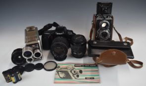 Halina AI TLR camera in leather case, Brownie cine camera, Nikon F50 SLR camera with Sigma 1:4-5.6