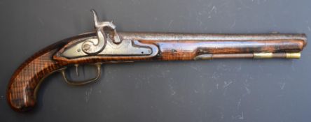 John Gibson percussion converted from flintlock hammer action pistol with named and line engraved