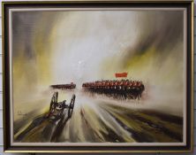 John Bampfield (born 1948) oil on canvas battlefield scene with lone cannon being passed by two
