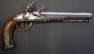 French flintlock pistol with indistinctly marked lock, brass trigger guard, butt plate and mounts,