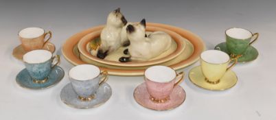 Two Clarice Cliff oval meat plates, largest 41 x 31cm, pair of Beswick Siamese cats nos 1558 and