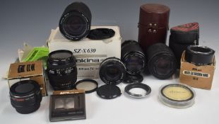 SLR camera lenses and accessories including Nikon 35-80mm 1:4-5.6D, Nikkor 50mm 1:1.8, Sigma 70-