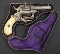Belgian 7mm six-shot double action pinfire revolver with shaped ivory grips, folding trigger,