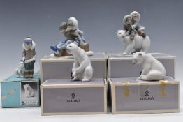 Five Lladro Eskimo / Inuit and polar bear figures, with boxes, tallest 17cm