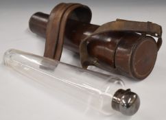 Vintage glass hunting flask with silver plated mounts, in leather case, L26.5cm