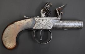 Clark of London flintlock hammer action pocket pistol with named and engraved locks, shaped wooden