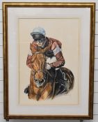 Sabrina Siga (b1956) watercolour of a jockey on horseback, 72 x 48cm