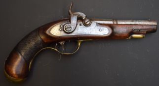 French percussion hammer action overcoat pistol with engraved brass trigger guard and butt plate,
