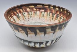 Large studio pottery pedestal bowl with indistinct incised monogram HEN or AEN, diameter 38, H18cm