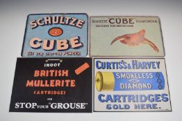 Four modern shotgun cartridge and gunpowder shop display or advertising boards Curtiss & Harvey