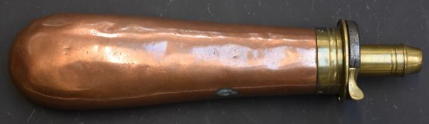 Sykes Colt style copper and brass bag shaped powder flask, 21.2cm long.