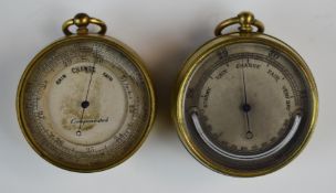 Two pocket barometers, one with curved thermometer