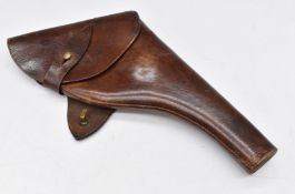 WW1 brown leather revolver holster with brass mounts and handwritten markings to the inside, 35cm