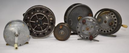 Six vintage fishing reels including Hardy Silex no 2, Alex Martin Glasgow, two Centrepins etc