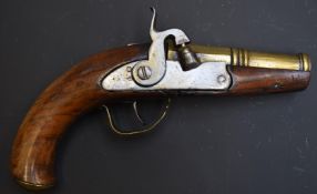 Percussion hammer action overcoat pistol with bird head grip, brass trigger guard and butt plate and