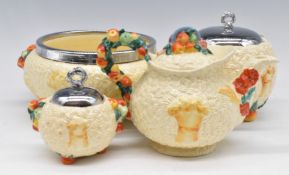 Clarice Cliff Celtic Harvest teapot, sucrier, biscuit barrel and fruit bowl, tallest 16cm